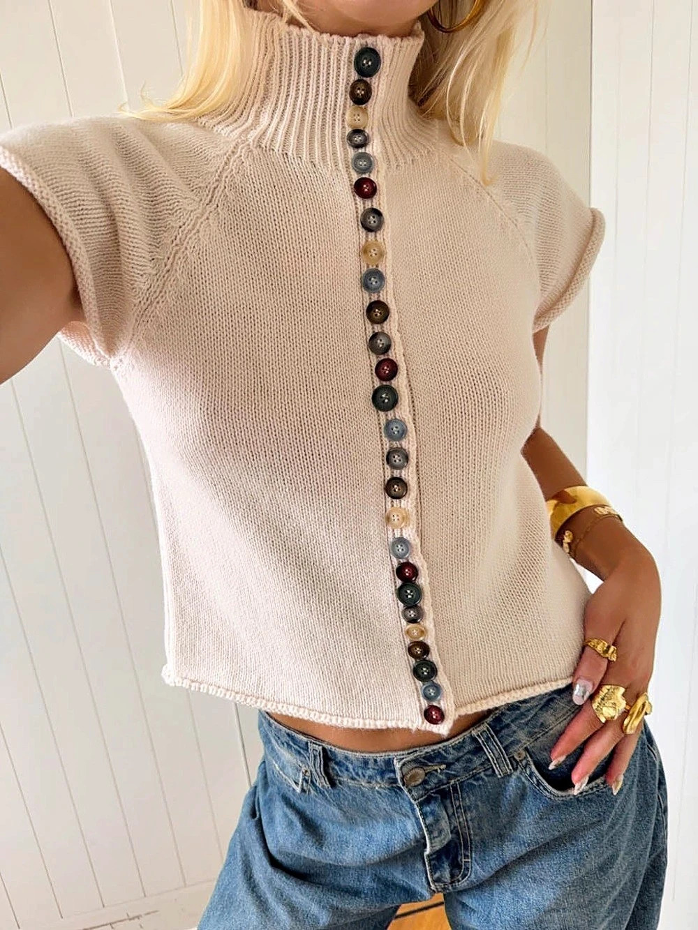 Cream Button Front Knit Top